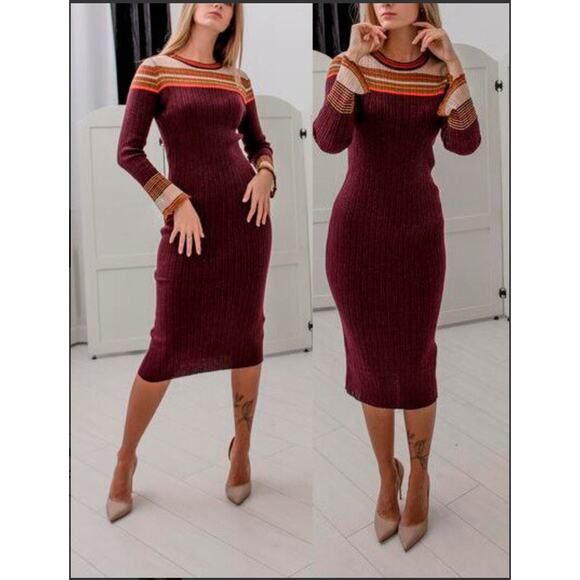 Zara Ribbed Knit Shimmer Sweater Dress Metallic Bell Sleeves Long Burgundy Large - Picture 2 of 12